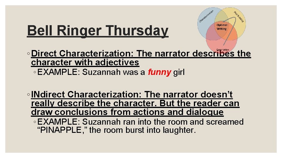Bell Ringer Thursday ◦ Direct Characterization: The narrator describes the character with adjectives ◦