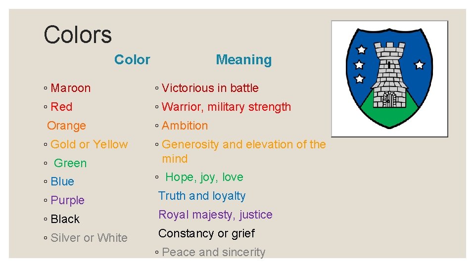Colors Color Meaning ◦ Maroon ◦ Victorious in battle ◦ Red ◦ Warrior, military