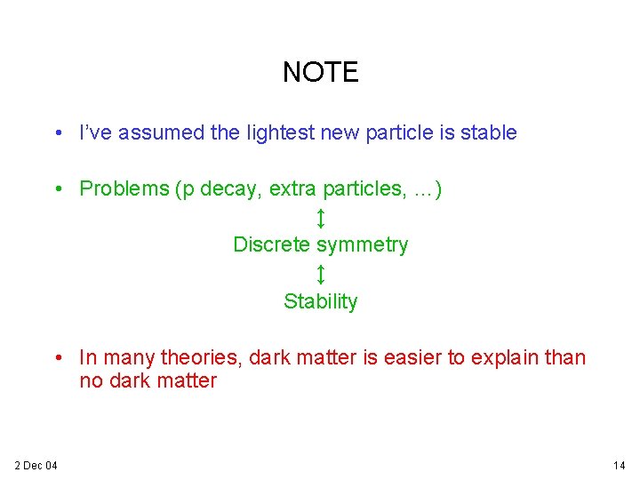 NOTE • I’ve assumed the lightest new particle is stable • Problems (p decay,