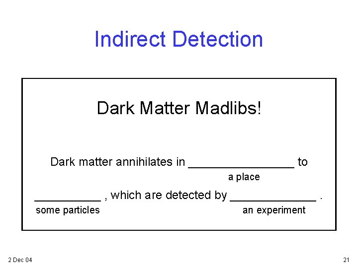 Indirect Detection Dark Matter Madlibs! Dark matter annihilates in ________ to a place _____