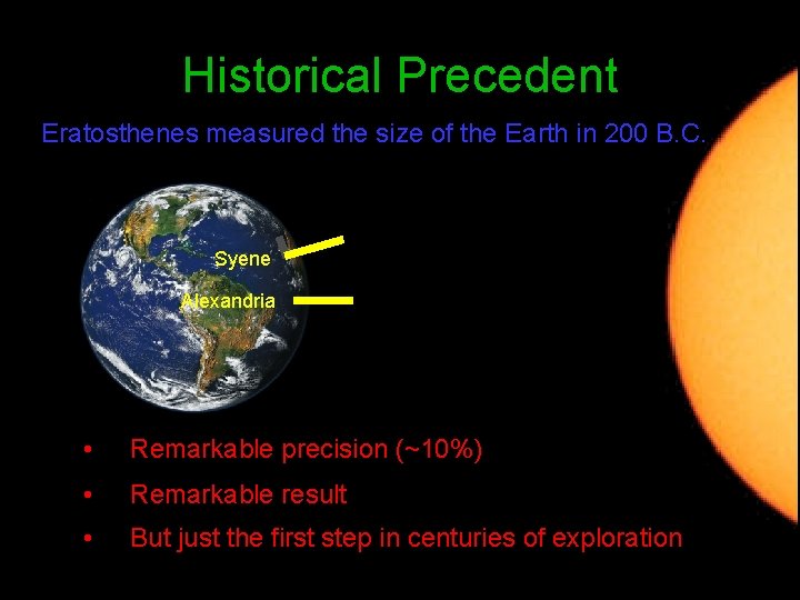 Historical Precedent Eratosthenes measured the size of the Earth in 200 B. C. Syene