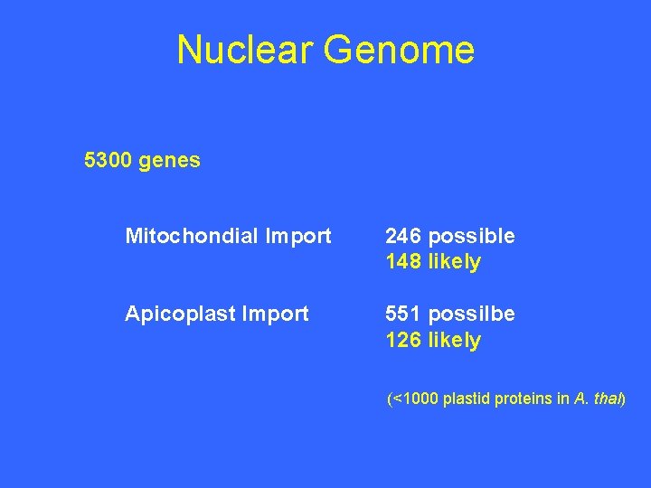 Nuclear Genome 5300 genes Mitochondial Import 246 possible 148 likely Apicoplast Import 551 possilbe