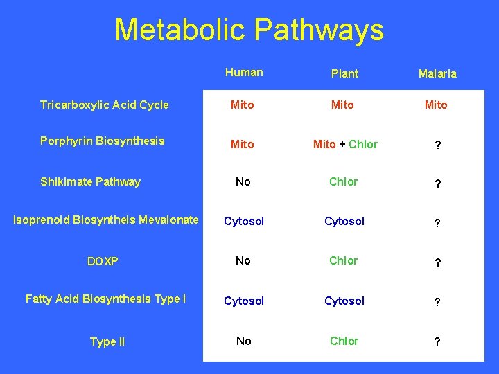 Metabolic Pathways Human Plant Malaria Tricarboxylic Acid Cycle Mito Porphyrin Biosynthesis Mito + Chlor