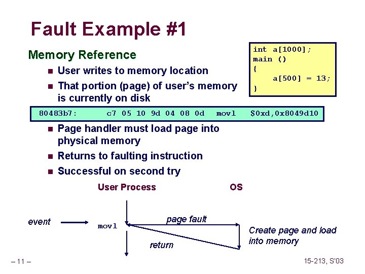 Fault Example #1 Memory Reference n User writes to memory location n That portion