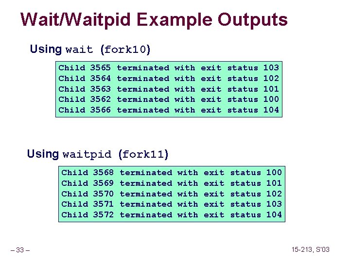 Wait/Waitpid Example Outputs Using wait (fork 10) Child Child 3565 3564 3563 3562 3566