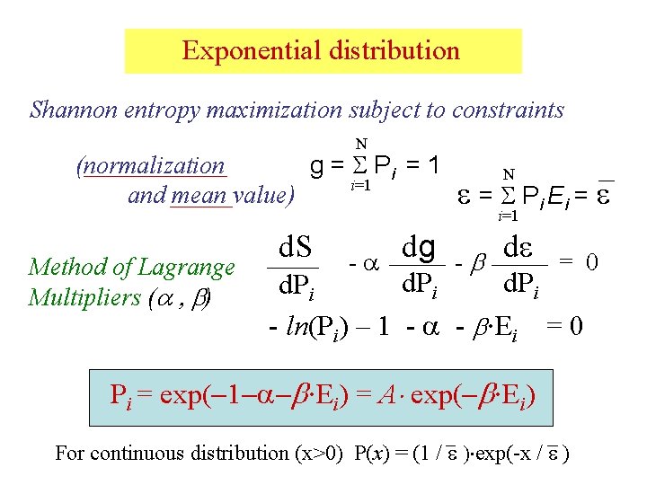 Exponential distribution Shannon entropy maximization subject to constraints N (normalization g = S Pi