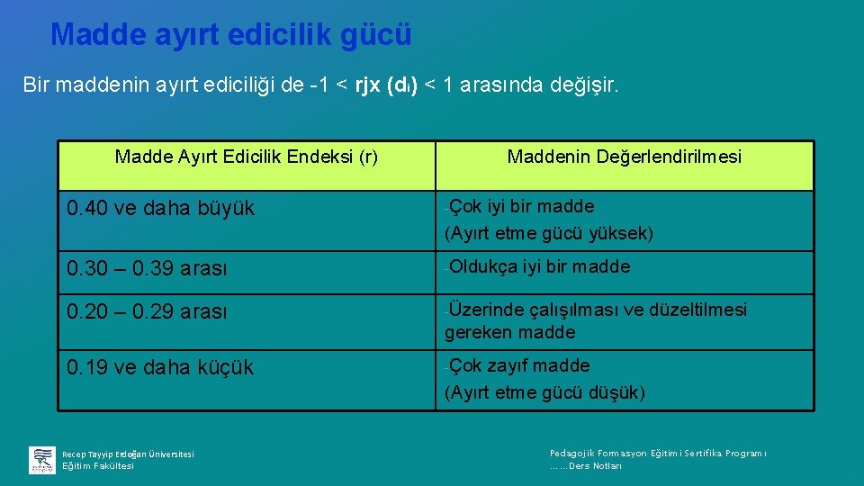 Madde ayırt edicilik gücü Bir maddenin ayırt ediciliği de -1 < rjx (di) <