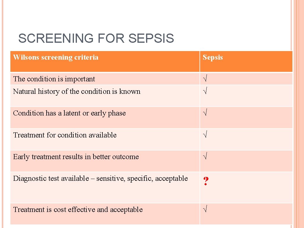 SCREENING FOR SEPSIS Wilsons screening criteria Sepsis The condition is important √ Natural history