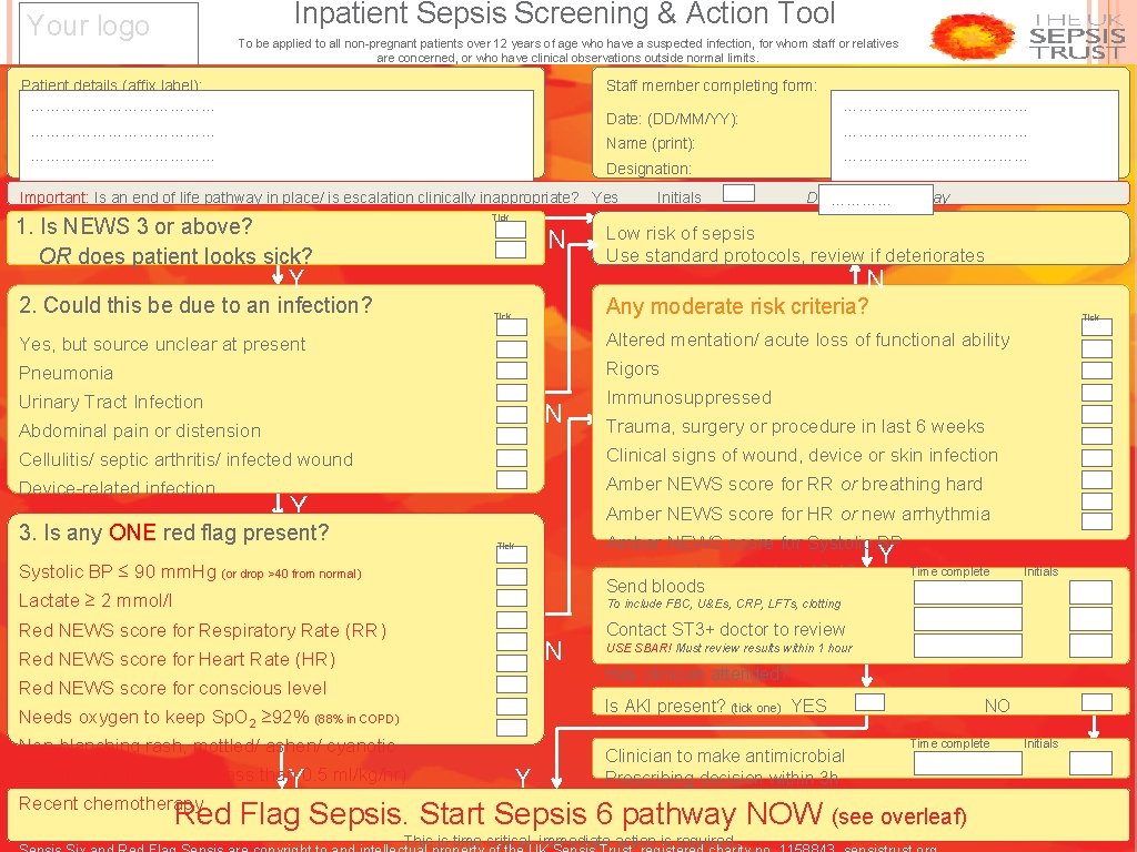 Inpatient Sepsis Screening & Action Tool Your logo To be applied to all non-pregnant