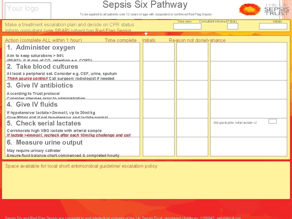 Sepsis Six Pathway Your logo To be applied to all patients over 12 years