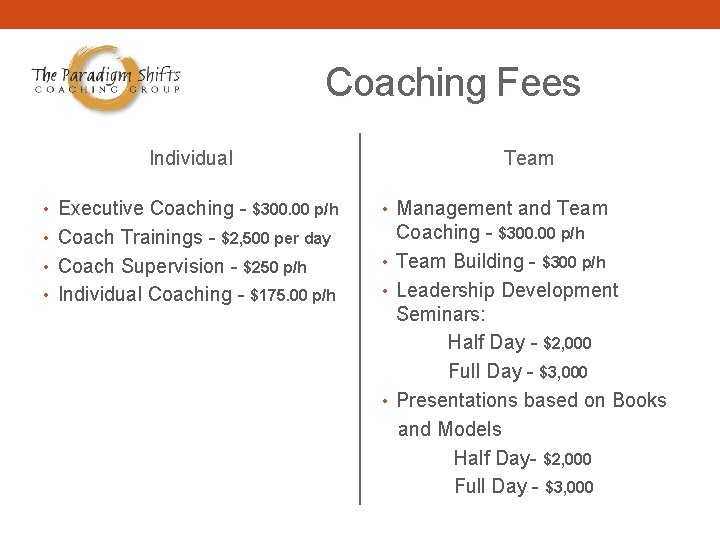 Coaching Fees Individual Team • Executive Coaching - $300. 00 p/h • Management and