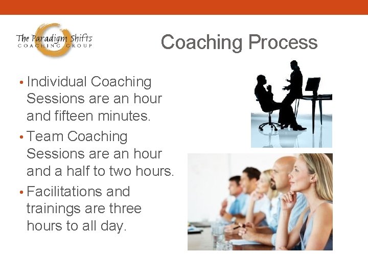 Coaching Process • Individual Coaching Sessions are an hour and fifteen minutes. • Team