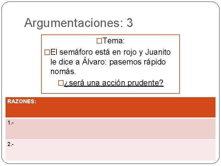 Argumentaciones: 3 �Tema: �El semáforo está en rojo y Juanito le dice a Álvaro: