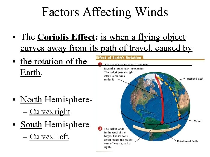 Factors Affecting Winds • The Coriolis Effect: is when a flying object curves away