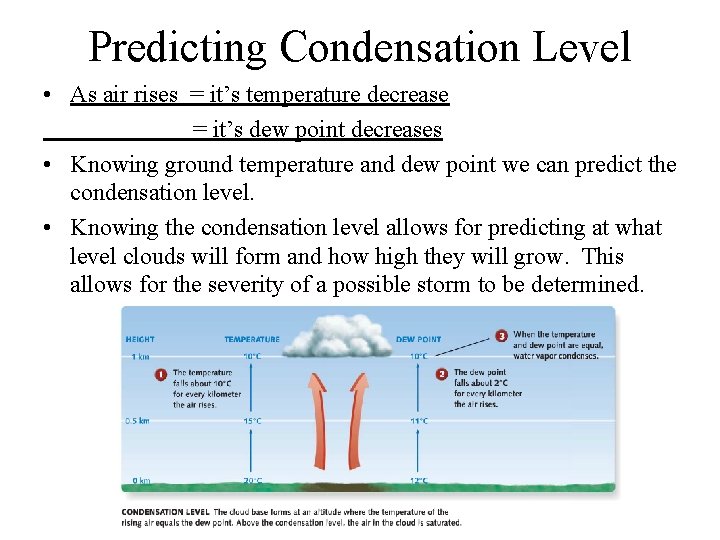 Predicting Condensation Level • As air rises = it’s temperature decrease = it’s dew