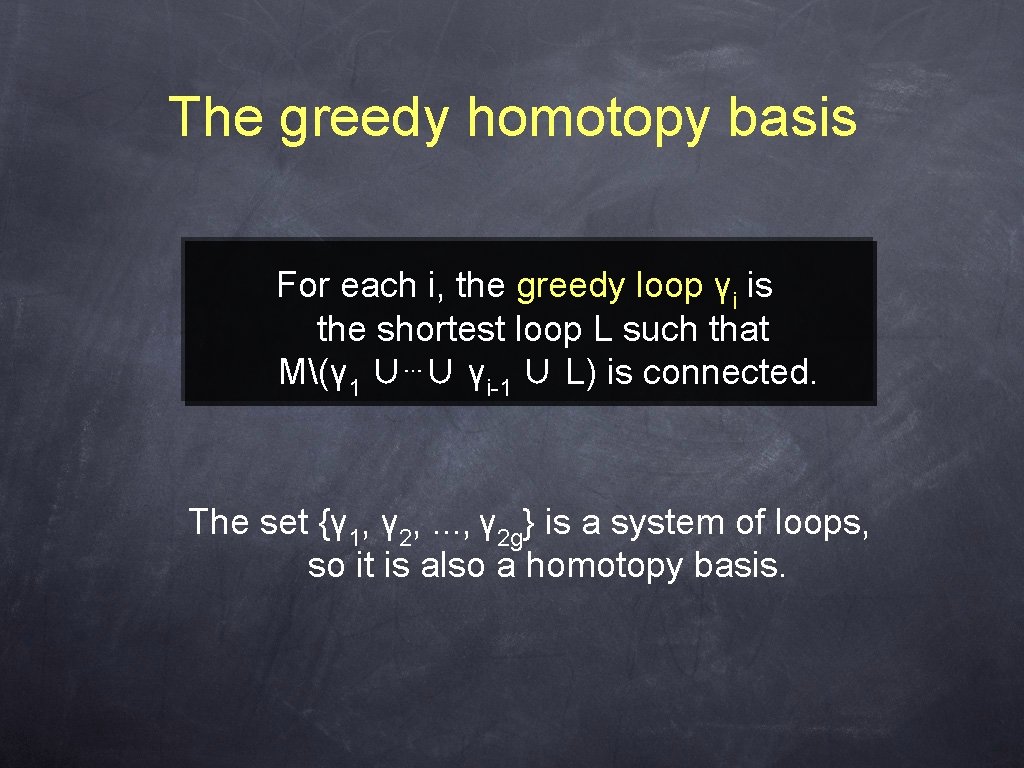 The greedy homotopy basis For each i, the greedy loop γi is the shortest