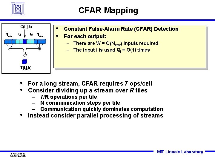 CFAR Mapping C(i, j, k) Ncfar G G Ncfar • • Constant False-Alarm Rate