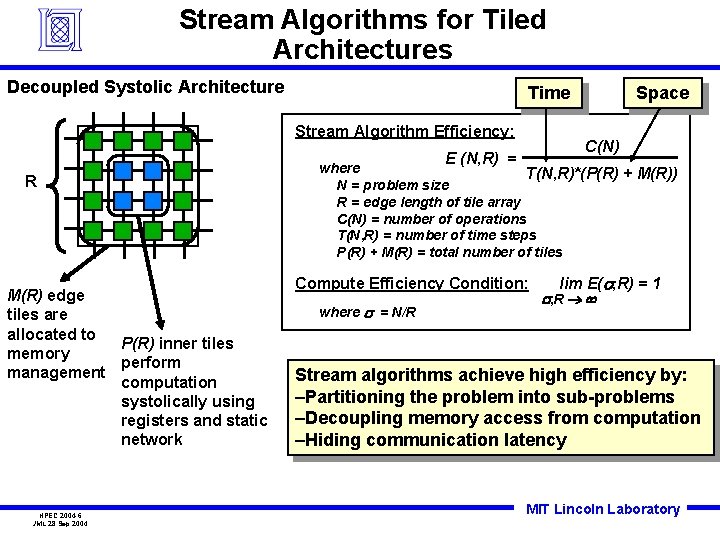Stream Algorithms for Tiled Architectures Decoupled Systolic Architecture Time Stream Algorithm Efficiency: C(N) E