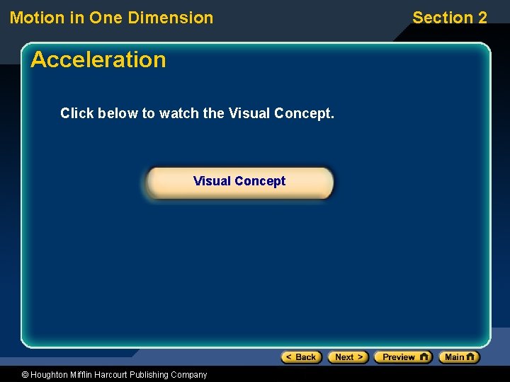 Motion in One Dimension Acceleration Click below to watch the Visual Concept © Houghton Motion in One Dimension Acceleration Click below to watch the Visual Concept © Houghton