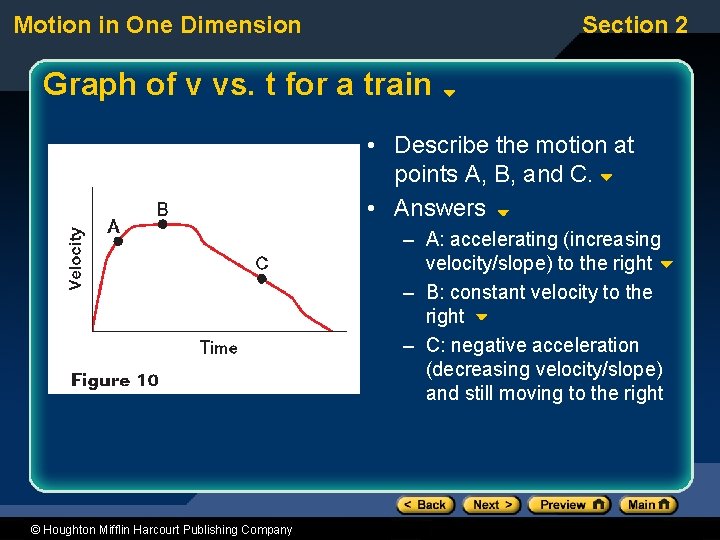 Motion in One Dimension Section 2 Graph of v vs. t for a train Motion in One Dimension Section 2 Graph of v vs. t for a train