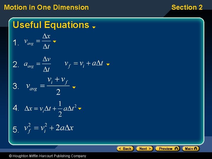 Motion in One Dimension Useful Equations 1. 2. 3. 4. 5. © Houghton Mifflin Motion in One Dimension Useful Equations 1. 2. 3. 4. 5. © Houghton Mifflin