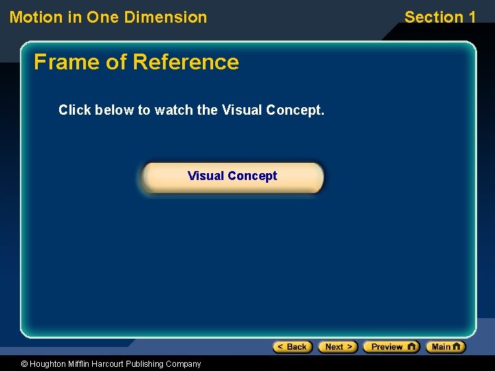 Motion in One Dimension Frame of Reference Click below to watch the Visual Concept Motion in One Dimension Frame of Reference Click below to watch the Visual Concept