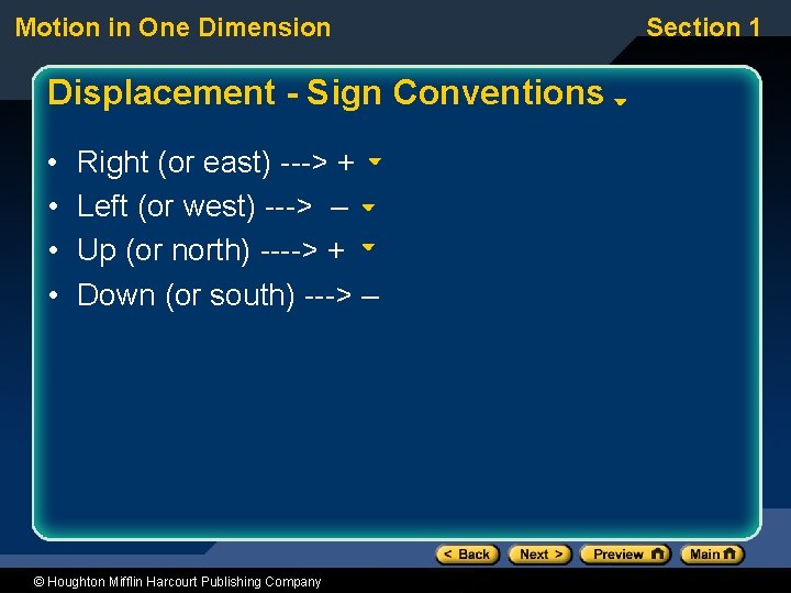 Motion in One Dimension Displacement - Sign Conventions • • Right (or east) ---> Motion in One Dimension Displacement - Sign Conventions • • Right (or east) --->