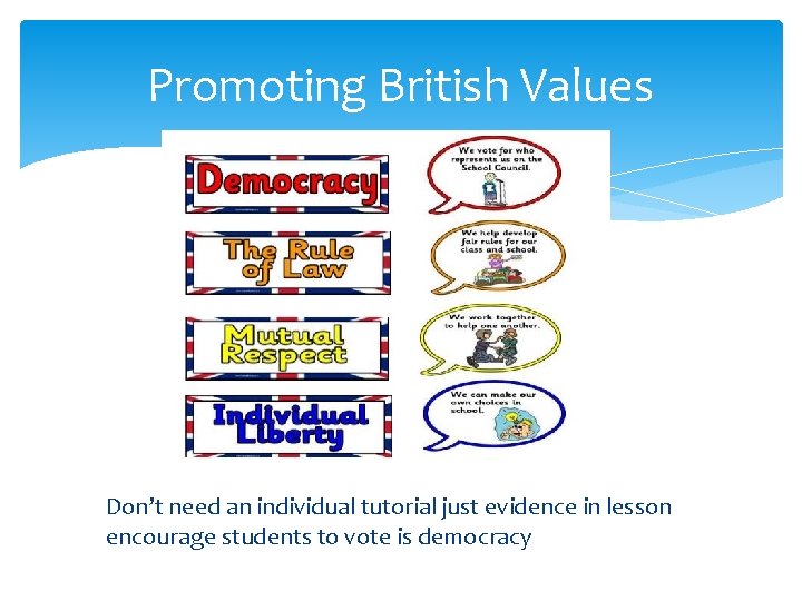 Promoting British Values Don’t need an individual tutorial just evidence in lesson encourage students