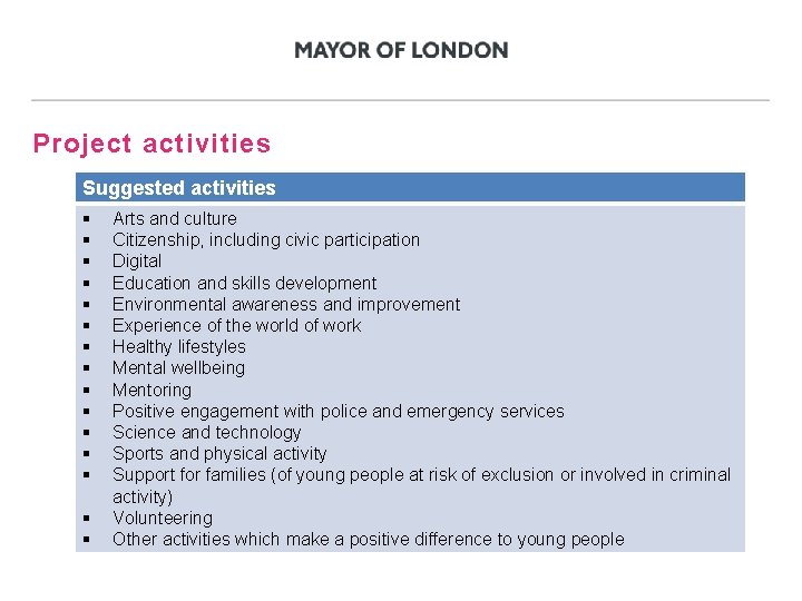 Project activities Suggested activities § § § § Arts and culture Citizenship, including civic