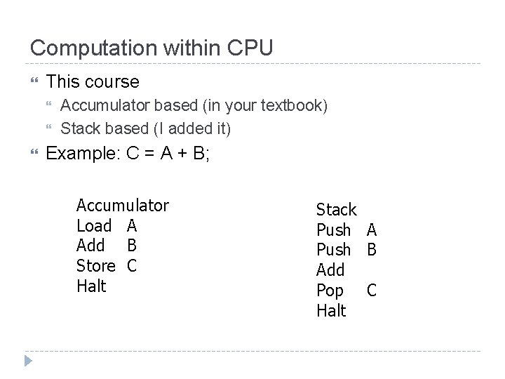 Computation within CPU This course Accumulator based (in your textbook) Stack based (I added