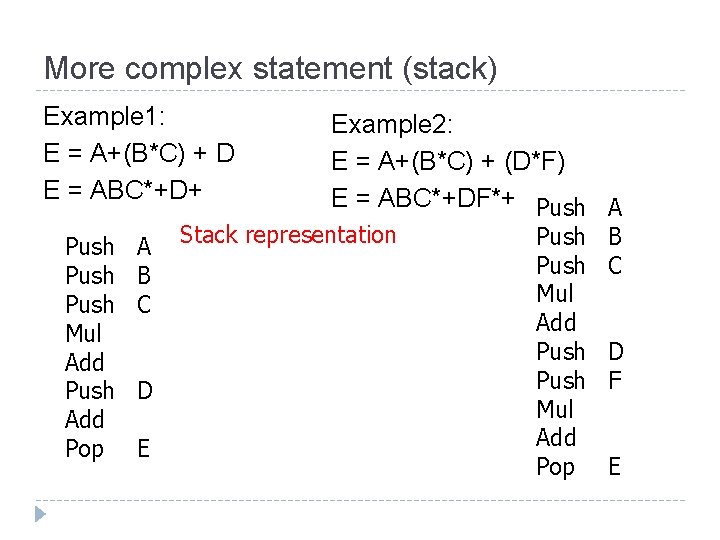 More complex statement (stack) Example 1: E = A+(B*C) + D E = ABC*+D+