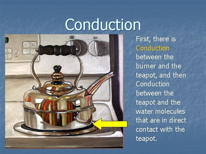 Conduction First, there is Conduction between the burner and the teapot, and then Conduction