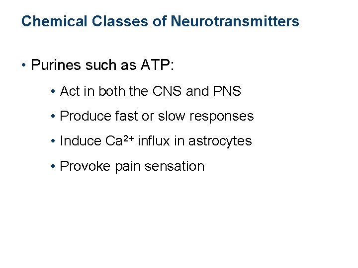 Chemical Classes of Neurotransmitters • Purines such as ATP: • Act in both the