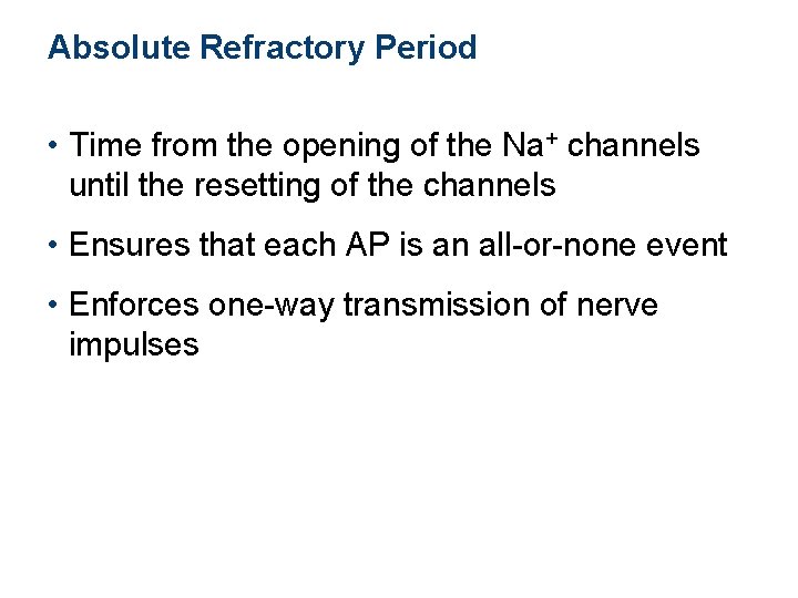 Absolute Refractory Period • Time from the opening of the Na+ channels until the