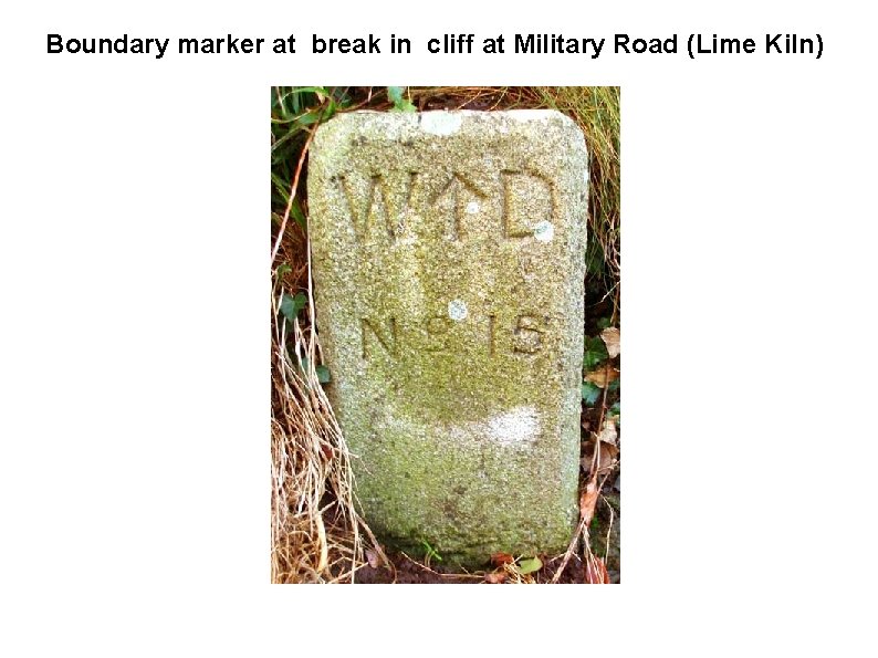 Boundary marker at break in cliff at Military Road (Lime Kiln) 