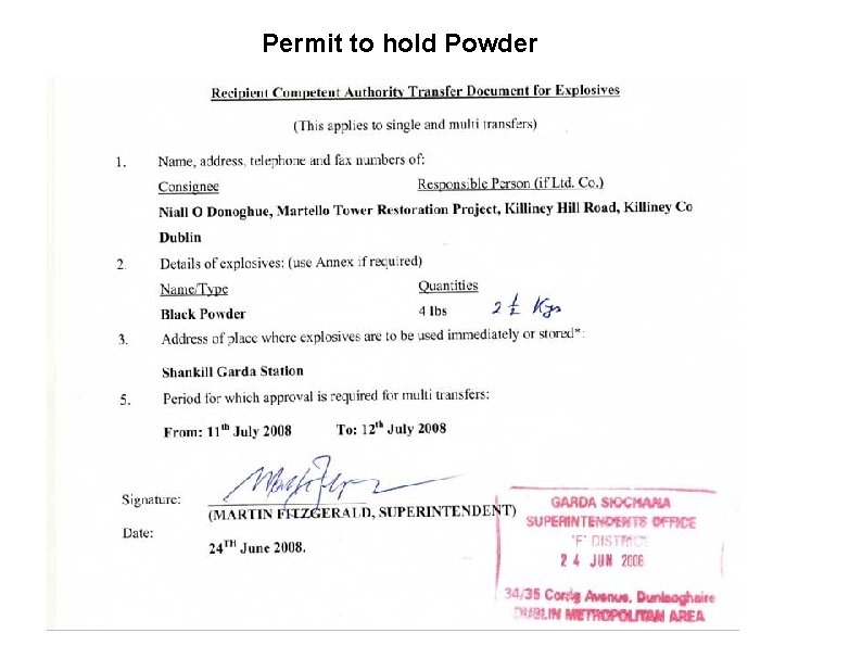 Permit to hold Powder 