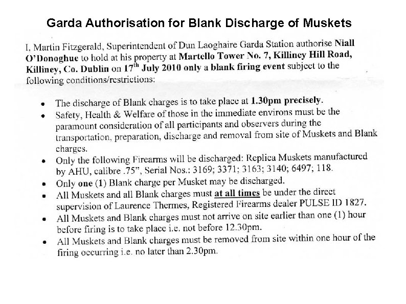 Garda Authorisation for Blank Discharge of Muskets 