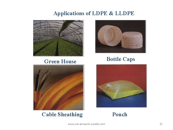 Applications of LDPE & LLDPE Green House Cable Sheathing www. cse-annauniv. weebly. com Bottle Applications of LDPE & LLDPE Green House Cable Sheathing www. cse-annauniv. weebly. com Bottle