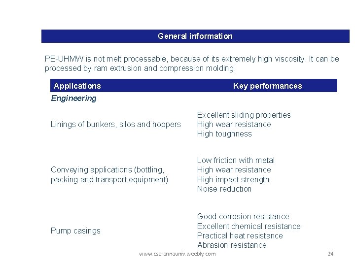 General information PE-UHMW is not melt processable, because of its extremely high viscosity. It General information PE-UHMW is not melt processable, because of its extremely high viscosity. It