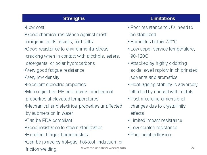 Strengths • Low cost Limitations • Poor resistance to UV, need to • Good Strengths • Low cost Limitations • Poor resistance to UV, need to • Good