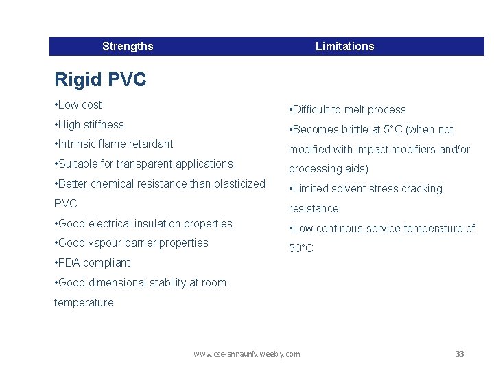 Strengths Limitations Rigid PVC • Low cost • Difficult to melt process • High Strengths Limitations Rigid PVC • Low cost • Difficult to melt process • High