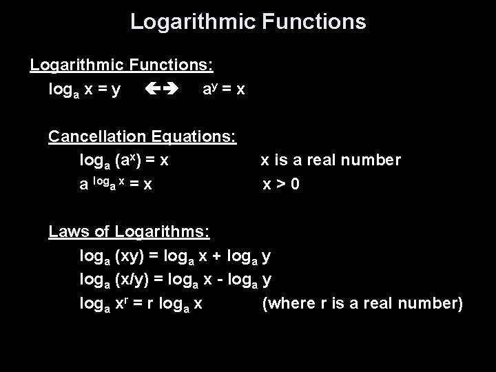 Logarithmic Functions: loga x = y ay = x Cancellation Equations: loga (ax) =