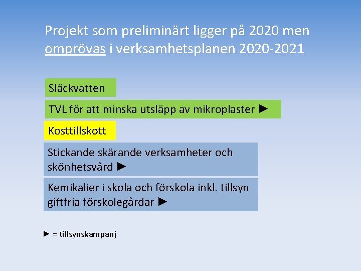 Projekt som preliminärt ligger på 2020 men omprövas i verksamhetsplanen 2020 -2021 Släckvatten TVL
