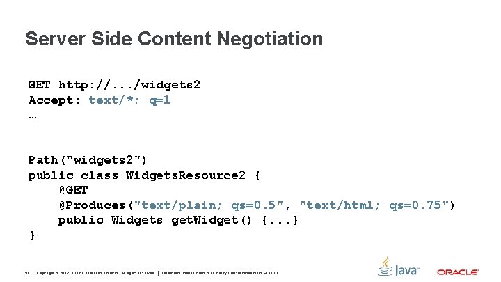 Server Side Content Negotiation GET http: //. . . /widgets 2 Accept: text/*; q=1