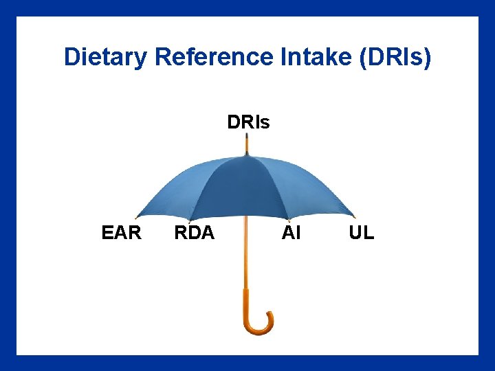 Dietary Reference Intake (DRIs) DRIs EAR RDA AI UL 