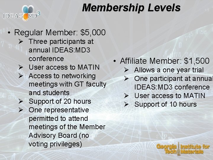 Membership Levels • Regular Member: $5, 000 Ø Three participants at annual IDEAS: MD