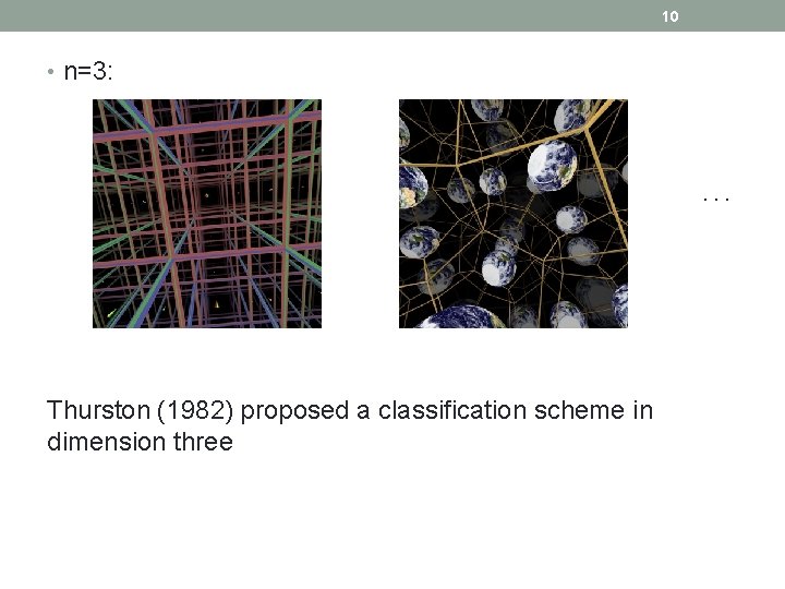 10 • n=3: . . . Thurston (1982) proposed a classification scheme in dimension