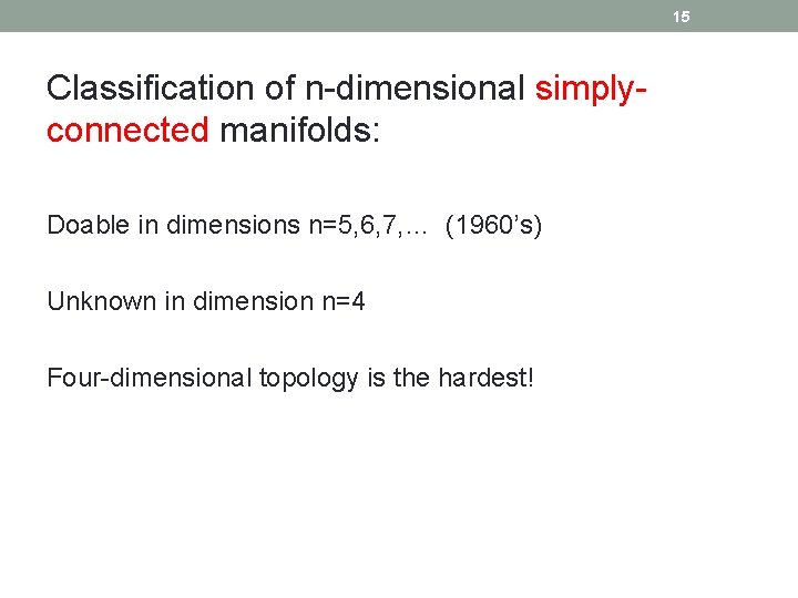 15 Classification of n-dimensional simplyconnected manifolds: Doable in dimensions n=5, 6, 7, … (1960’s)