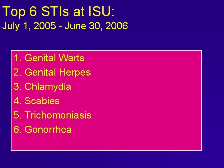 Top 6 STIs at ISU: July 1, 2005 - June 30, 2006 1. Genital Top 6 STIs at ISU: July 1, 2005 - June 30, 2006 1. Genital