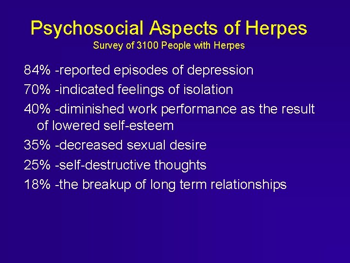 Psychosocial Aspects of Herpes Survey of 3100 People with Herpes 84% -reported episodes of Psychosocial Aspects of Herpes Survey of 3100 People with Herpes 84% -reported episodes of